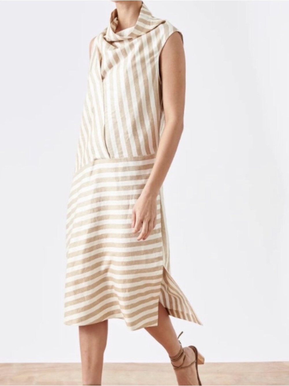 Zero + Maria Cornejo Beige and White Striped Midi Dress Size 14